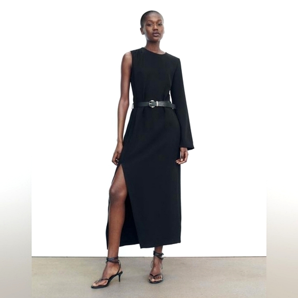ZARA ASYMMETRIC MIDI DRESS Black Size XS Belted
